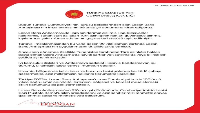 Lozan Barış Antlaşması’nın İmzalanmasının 99. Yıl Dönümü Mesajı